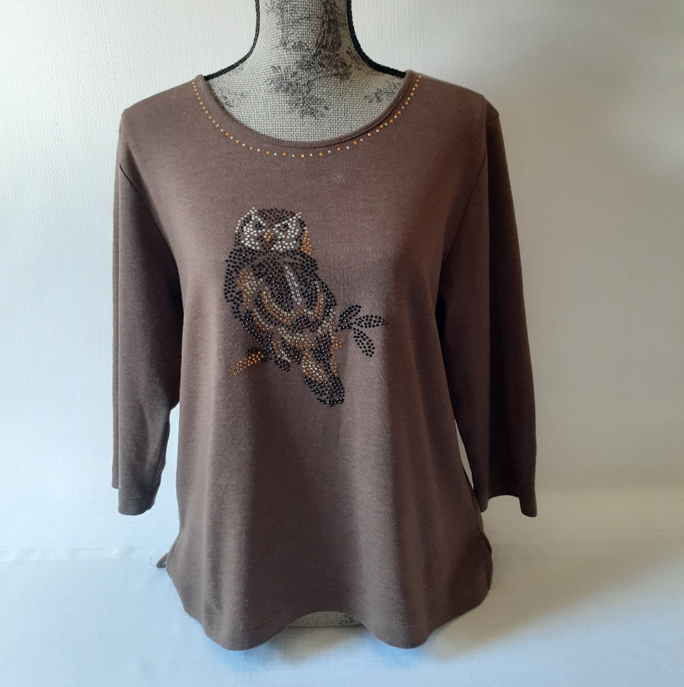 Alfred Dunner women's brown faux jem owl embellished long sleeve top size PM